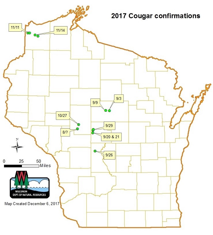 This map shows locations of confirmed video and photos of cougars in Wisconsin in 2017. - Photo credit: DNR