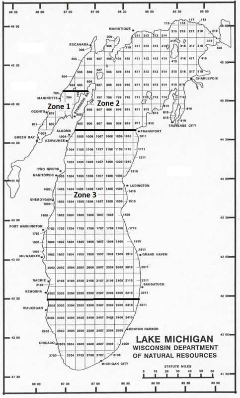 Lake Michigan commercial fishing zones.  Click on image for larger size. - Photo Credit: DNR